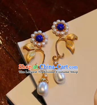 China Traditional Golden Flower Ear Jewelry Accessories Classical Cheongsam Pearls Earrings