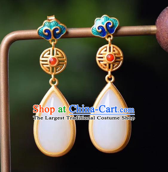 China Traditional Qing Dynasty Jade Ear Jewelry Accessories Classical Cheongsam Blueing Cloud Earrings