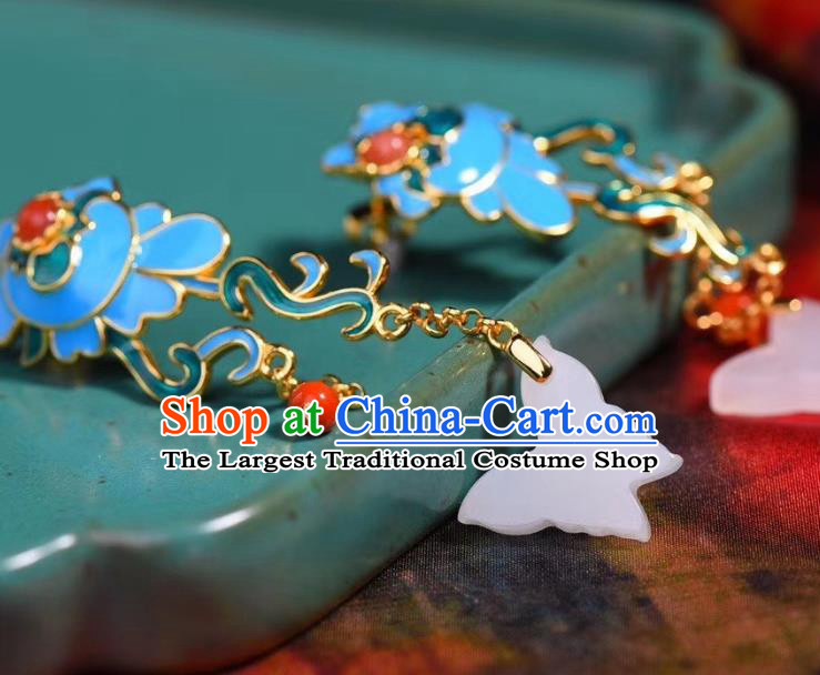 China Traditional White Jade Butterfly Ear Jewelry Accessories Classical Cheongsam Blueing Earrings