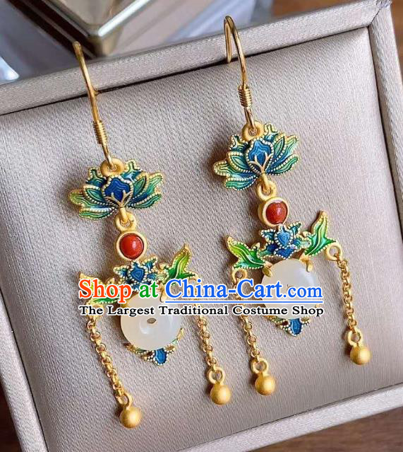 China Traditional Golden Tassel Jade Ear Jewelry Accessories Classical Cheongsam Blueing Lotus Earrings