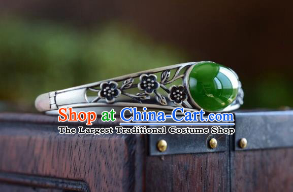 China Handmade Silver Carving Plum Bracelet Accessories Traditional National Chrysoprase Bangle Jewelry