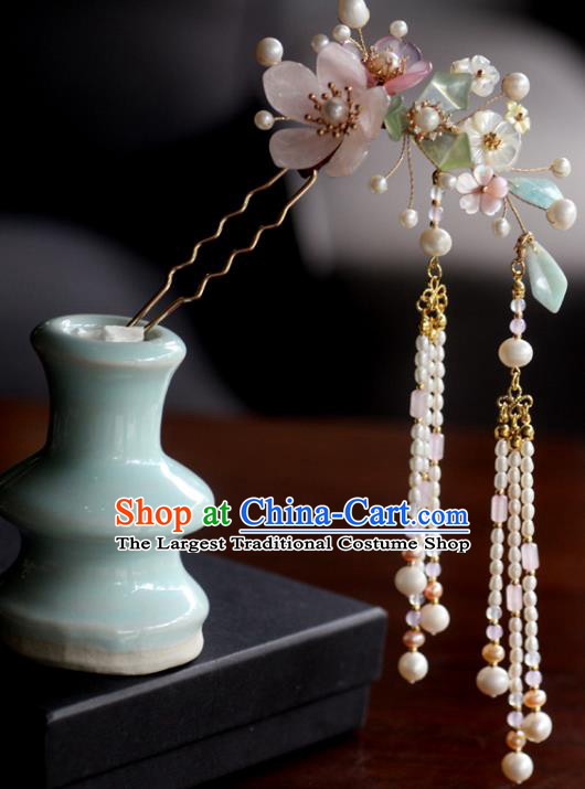 China Ancient Princess Shell Flowers Hair Stick Handmade Pearls Tassel Hairpin Traditional Ming Dynasty Hair Accessories