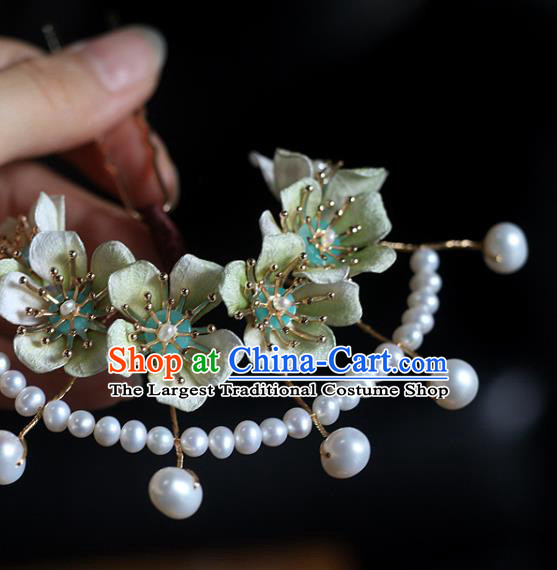 China Ancient Princess Green Flowers Hair Crown Handmade Pearls Hairpin Traditional Song Dynasty Hair Accessories