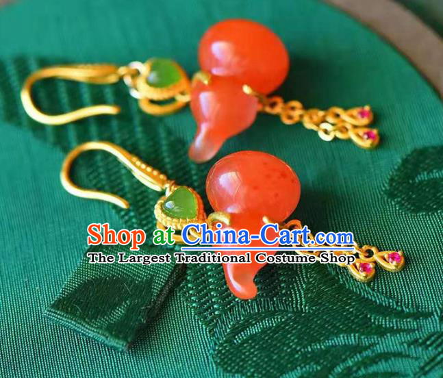 Handmade China Agate Gourd Earrings Traditional Golden Tassel Ear Jewelry Accessories