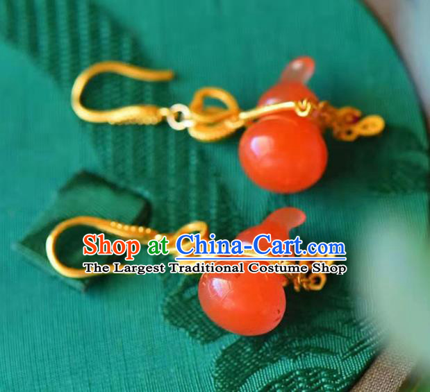 Handmade China Agate Gourd Earrings Traditional Golden Tassel Ear Jewelry Accessories