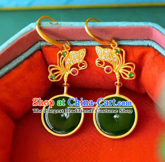 Handmade China Golden Butterfly Ear Jewelry Accessories Traditional Cheongsam Jade Peace Buckle Earrings