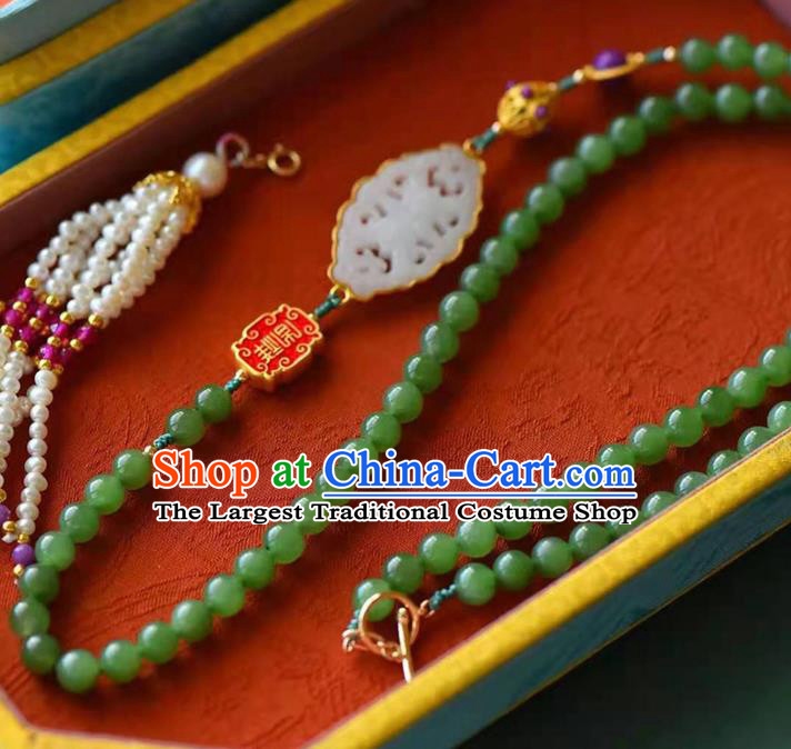 Chinese Classical Pearls Tassel Necklace Pendant National Handmade Jade Beads Necklet Jewelry Accessories