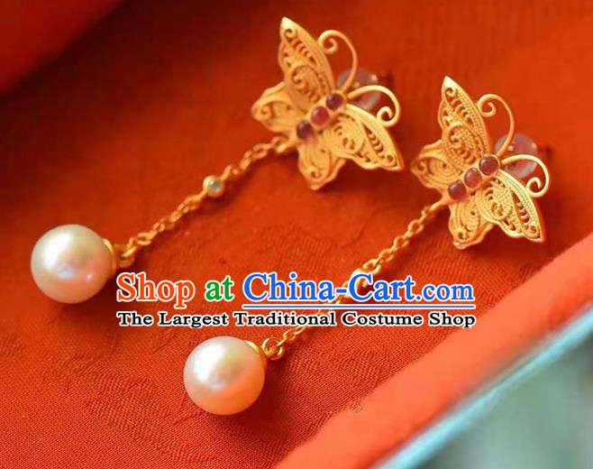 Handmade China Golden Butterfly Ear National Jewelry Accessories Traditional Cheongsam Tourmaline Pearl Earrings