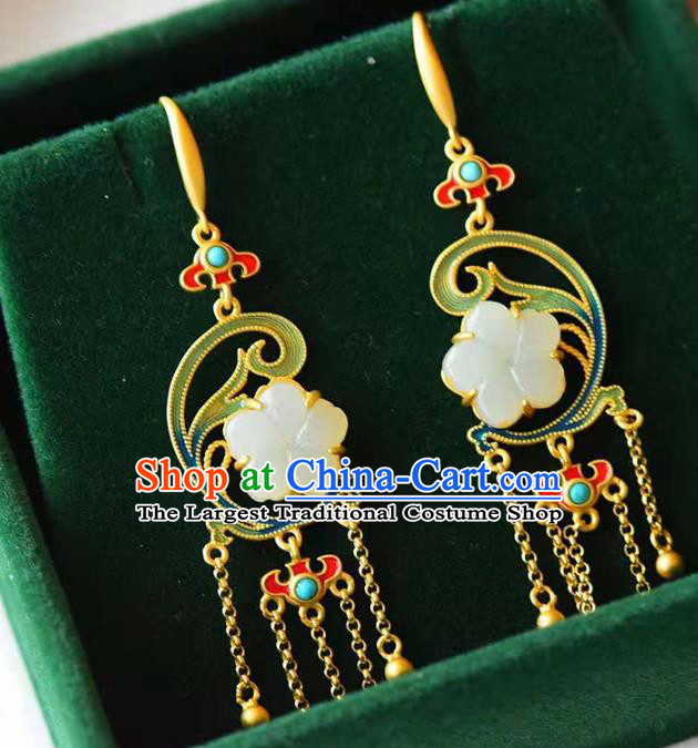 Handmade China Jade Plum Ear National Jewelry Accessories Traditional Cheongsam Golden Tassel Earrings