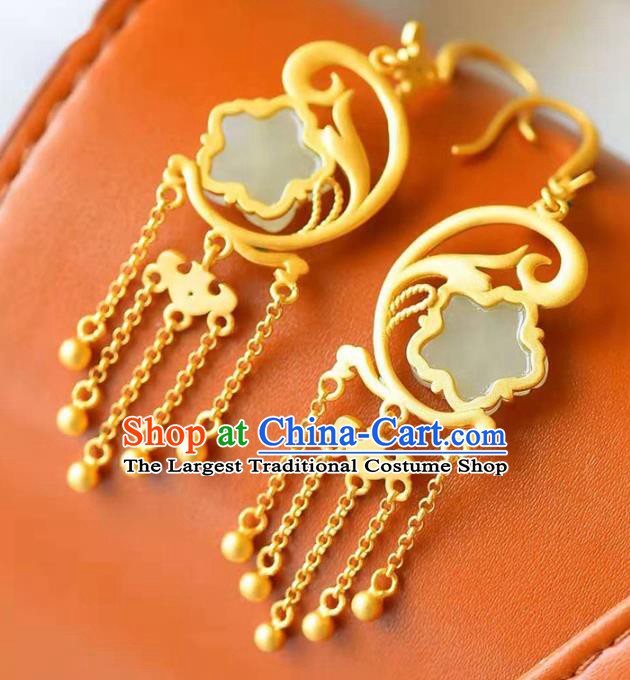 Handmade China Jade Plum Ear National Jewelry Accessories Traditional Cheongsam Golden Tassel Earrings