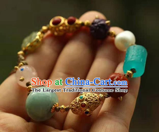 China Handmade Jadeite Pearl Bracelet Traditional Jewelry Accessories National Agate Gourd Bangle