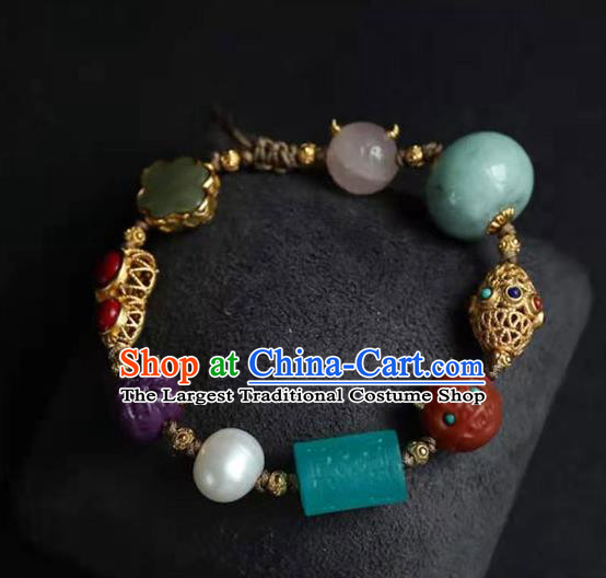 China Handmade Jadeite Pearl Bracelet Traditional Jewelry Accessories National Agate Gourd Bangle