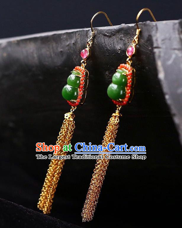 Handmade China Golden Tassel Ear National Jewelry Accessories Traditional Cheongsam Jade Gourd Earrings