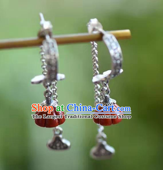Handmade China Agate Lotus Seedpod Ear National Jewelry Accessories Traditional Cheongsam Silver Earrings