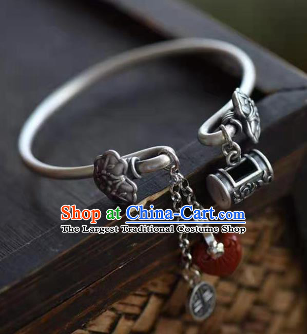 China Handmade Silver Lock Bracelet Traditional Jewelry Accessories National Agate Tassel Bangle