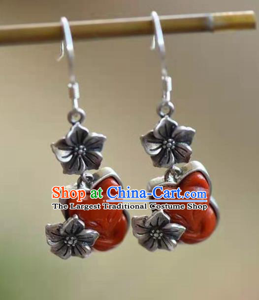 Handmade China Silver Ear Jewelry Accessories Traditional National Cheongsam Agate Carving Fox Earrings