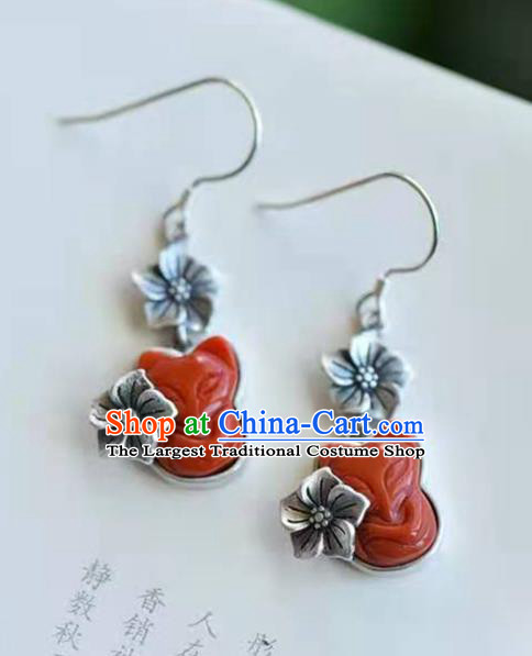 Handmade China Silver Ear Jewelry Accessories Traditional National Cheongsam Agate Carving Fox Earrings