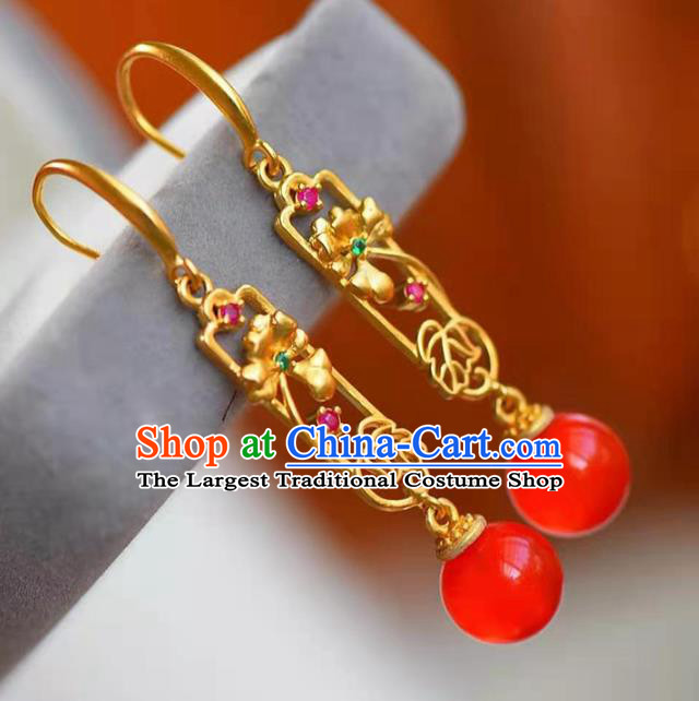 Handmade China Red Bead Ear National Jewelry Accessories Traditional Cheongsam Golden Earrings