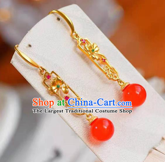 Handmade China Red Bead Ear National Jewelry Accessories Traditional Cheongsam Golden Earrings