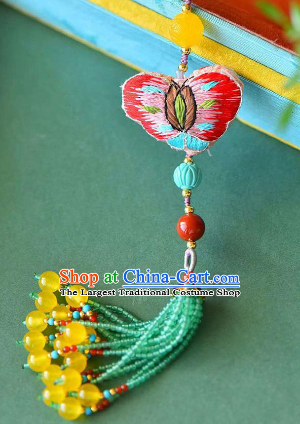 Chinese Classical Green Beads Tassel Necklace National Handmade Embroidered Butterfly Brooch Jewelry Accessories Pendant