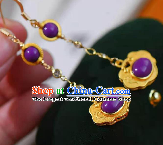 Handmade China Golden Lock Ear National Jewelry Accessories Traditional Cheongsam Fluorite Earrings