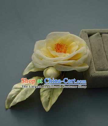 China Tang Dynasty White Silk Camellia Hair Stick Handmade Hair Accessories Traditional Flower Hairpin
