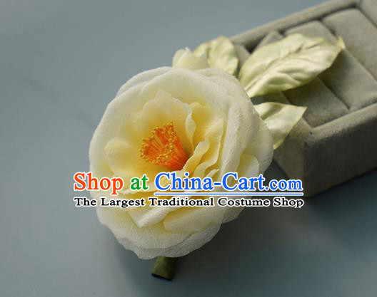 China Tang Dynasty White Silk Camellia Hair Stick Handmade Hair Accessories Traditional Flower Hairpin