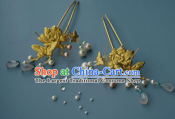 China Traditional Golden Butterfly Hairpin Handmade Hair Accessories Ming Dynasty Empress Hair Stick