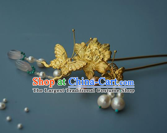 China Traditional Golden Butterfly Hairpin Handmade Hair Accessories Ming Dynasty Empress Hair Stick