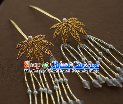 China Traditional Court Golden Leaf Hairpin Handmade Hair Accessories Tang Dynasty Tassel Hair Stick