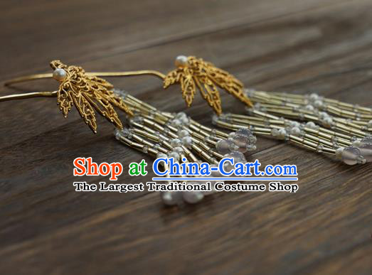 China Traditional Court Golden Leaf Hairpin Handmade Hair Accessories Tang Dynasty Tassel Hair Stick