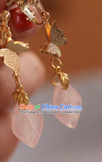 China Traditional Rose Quartz Ear Jewelry Accessories Handmade Cheongsam Golden Butterfly Earrings