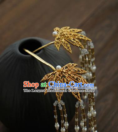 China Traditional Court Golden Leaf Hairpin Handmade Hair Accessories Tang Dynasty Tassel Hair Stick