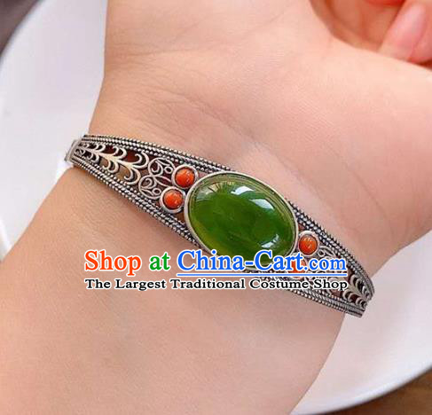 China Handmade Jade Bracelet Traditional Jewelry Accessories National Coral Silver Bangle
