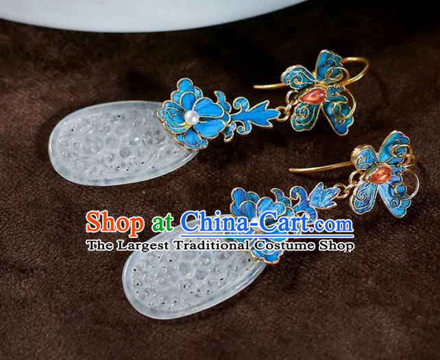 Handmade China Court Jade Ear Jewelry Accessories Traditional National Cheongsam Blueing Peony Earrings