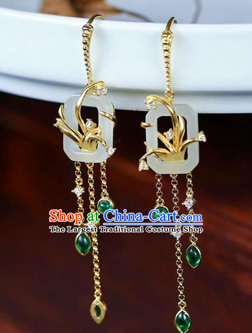 Handmade China Jade Ear Jewelry Accessories Traditional National Cheongsam Green Crystal Tassel Earrings