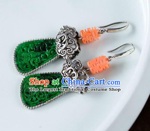Handmade China Wedding Silver Ear Jewelry Accessories Traditional National Cheongsam Jadeite Earrings