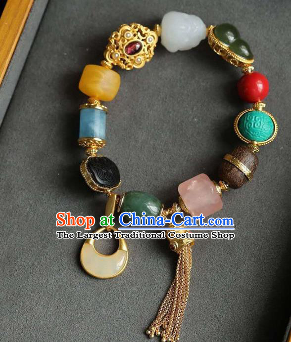 China Handmade Golden Tassel Bracelet Traditional Jewelry Accessories National Colorful Stone Bangle