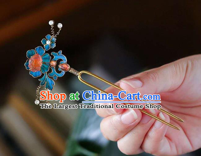 Chinese Traditional Blueing Peony Hair Jewelry Handmade Qing Dynasty Empress Tourmaline Hairpin