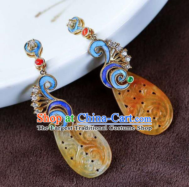 Handmade China Qing Dynasty Yellow Jadeite Ear Jewelry Accessories Traditional Cheongsam Cloisonne Earrings