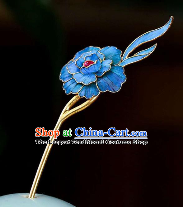 Chinese Traditional Qing Dynasty Tourmaline Hair Jewelry Handmade Ancient Empress Blue Peony Hairpin