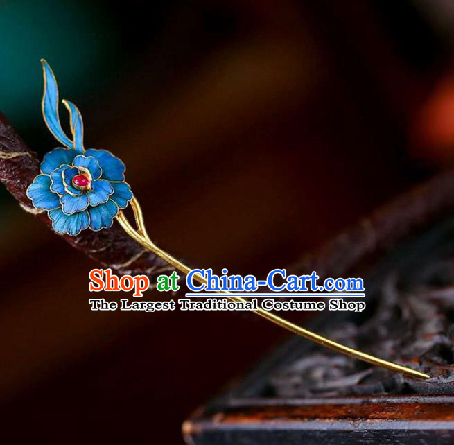 Chinese Traditional Qing Dynasty Tourmaline Hair Jewelry Handmade Ancient Empress Blue Peony Hairpin