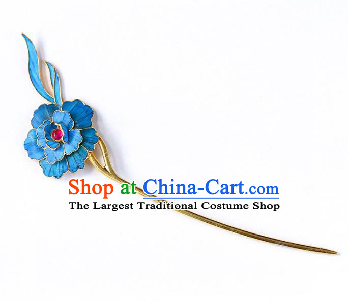 Chinese Traditional Qing Dynasty Tourmaline Hair Jewelry Handmade Ancient Empress Blue Peony Hairpin