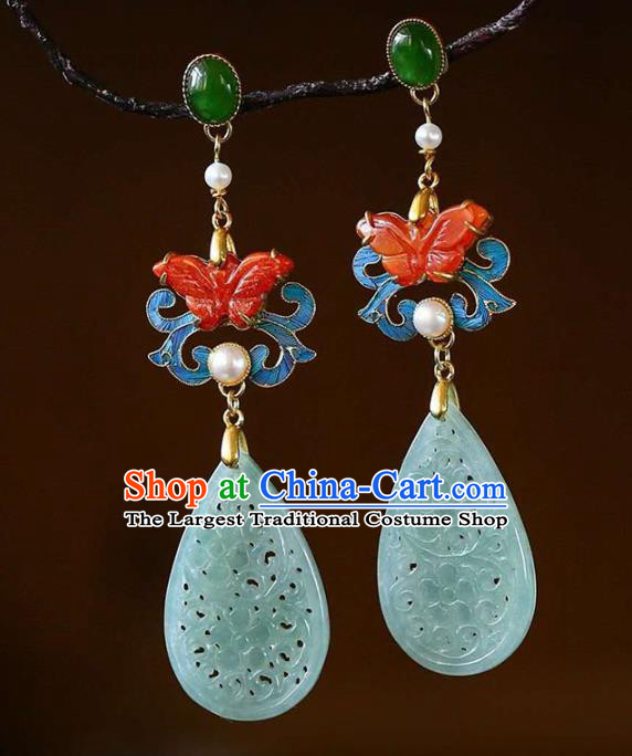 Handmade China Red Butterfly Ear Jewelry Accessories Traditional Cheongsam Jade Carving Earrings