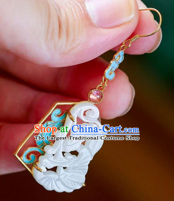 Handmade China Tourmaline Ear Jewelry Accessories Traditional Cheongsam White Jade Carving Earrings