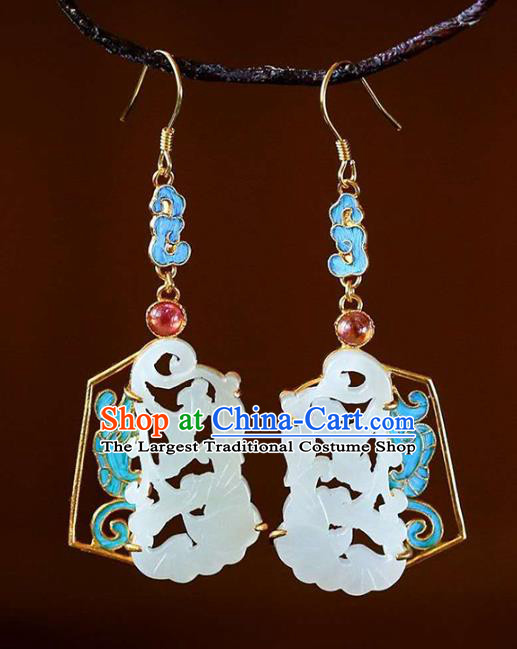 Handmade China Tourmaline Ear Jewelry Accessories Traditional Cheongsam White Jade Carving Earrings