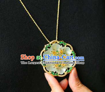 Chinese National Classical Jade Carving Flower Necklace Accessories Handmade Golden Necklet Pendant