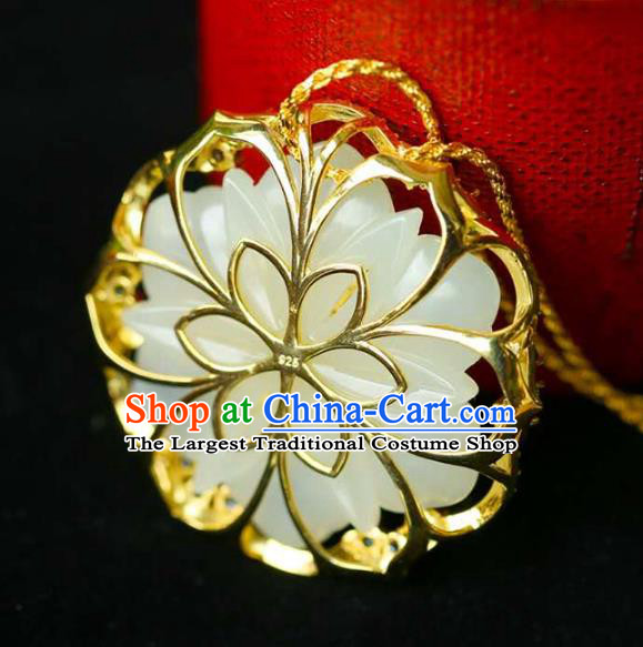 Chinese National Classical Jade Carving Flower Necklace Accessories Handmade Golden Necklet Pendant