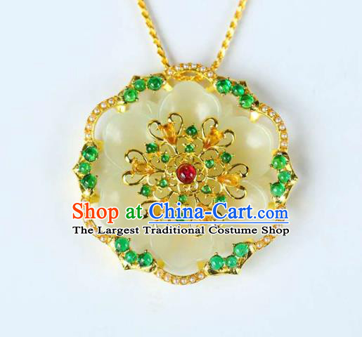 Chinese National Classical Jade Carving Flower Necklace Accessories Handmade Golden Necklet Pendant