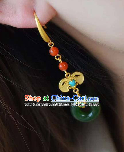 Handmade China Golden Bat Eardrop Traditional Cheongsam Jade Earrings National Jewelry Accessories